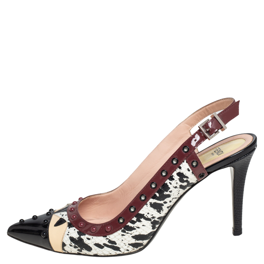 

Fendi Multicolor Patent Leather and Python Embossed Leather Monster Eyes Studded Slingback Sandals Size