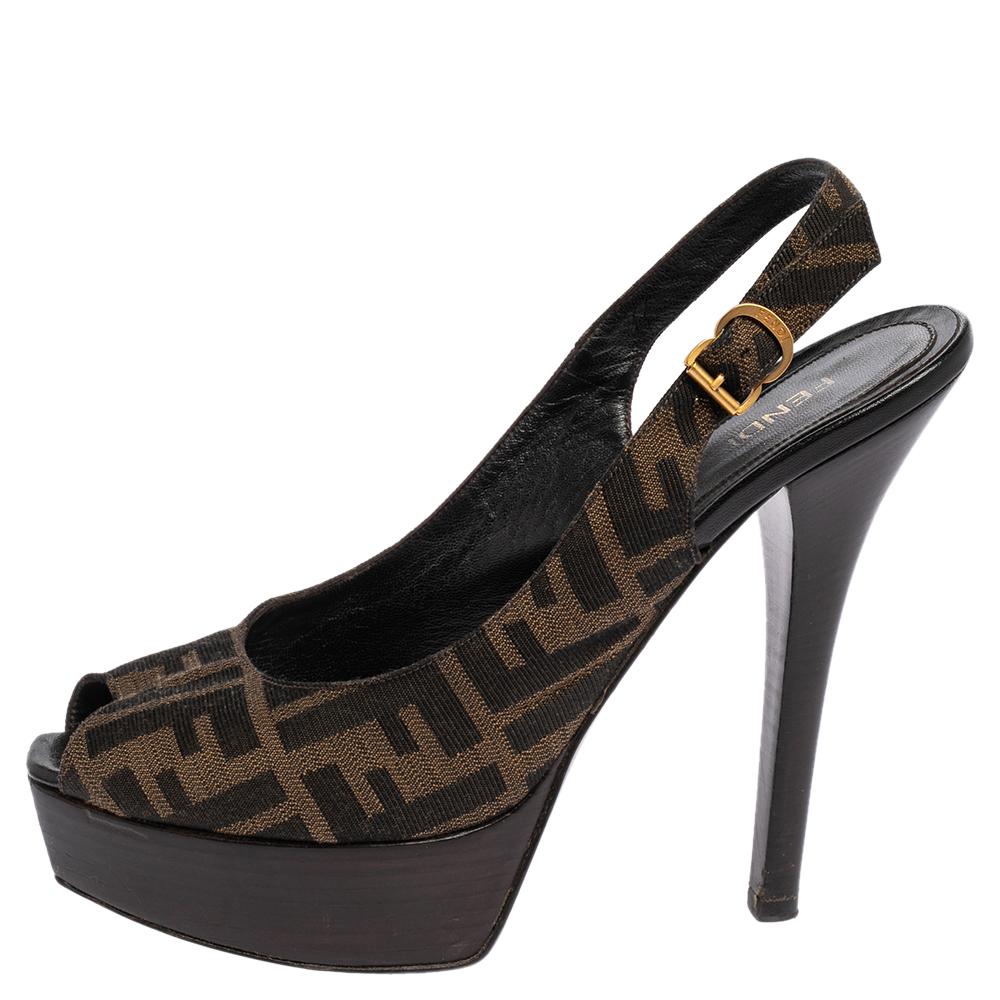 

Fendi Tobacco Zucca Canvas Platform Slingback Sandals Size, Brown
