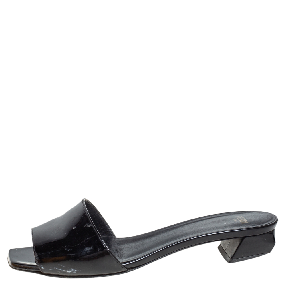

Fendi Black Patent Leather Open Toe Slide Sandals Size