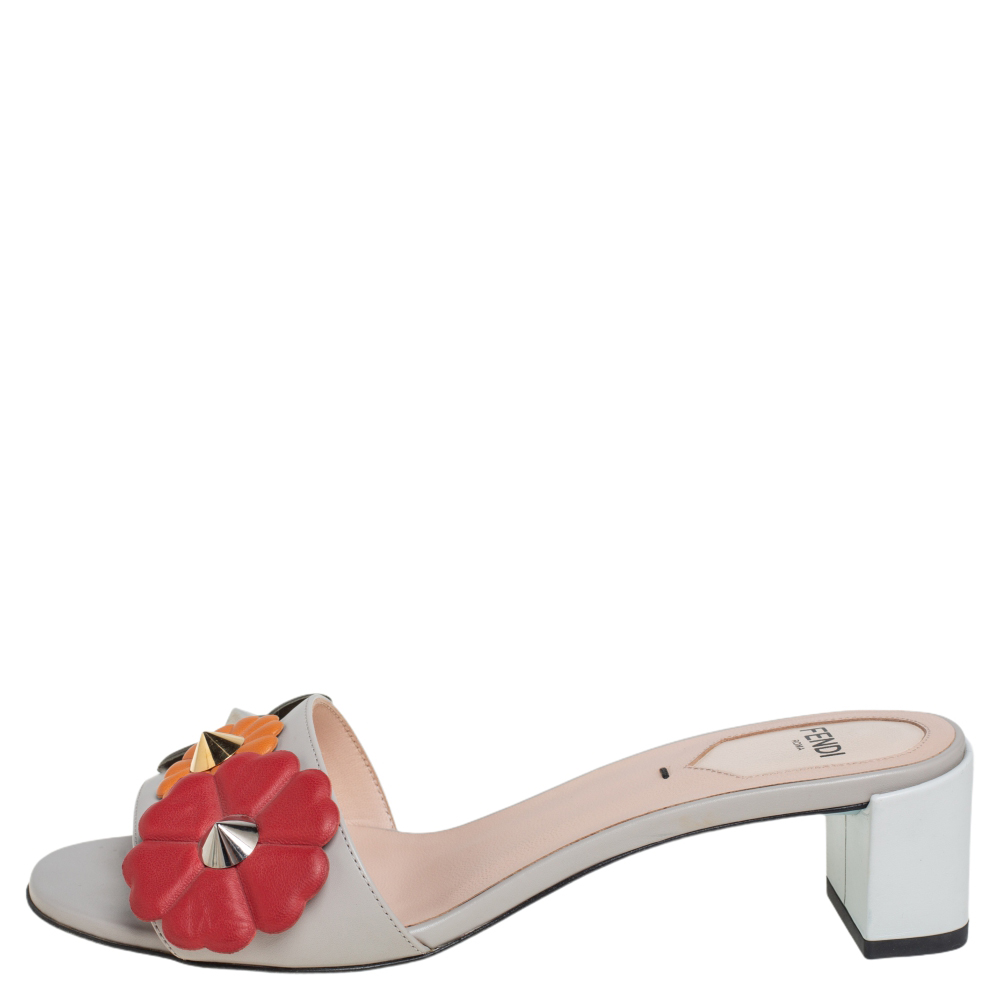 

Fendi Grey Leather Flowerland Embellished Block Heel Slide Sandals Size