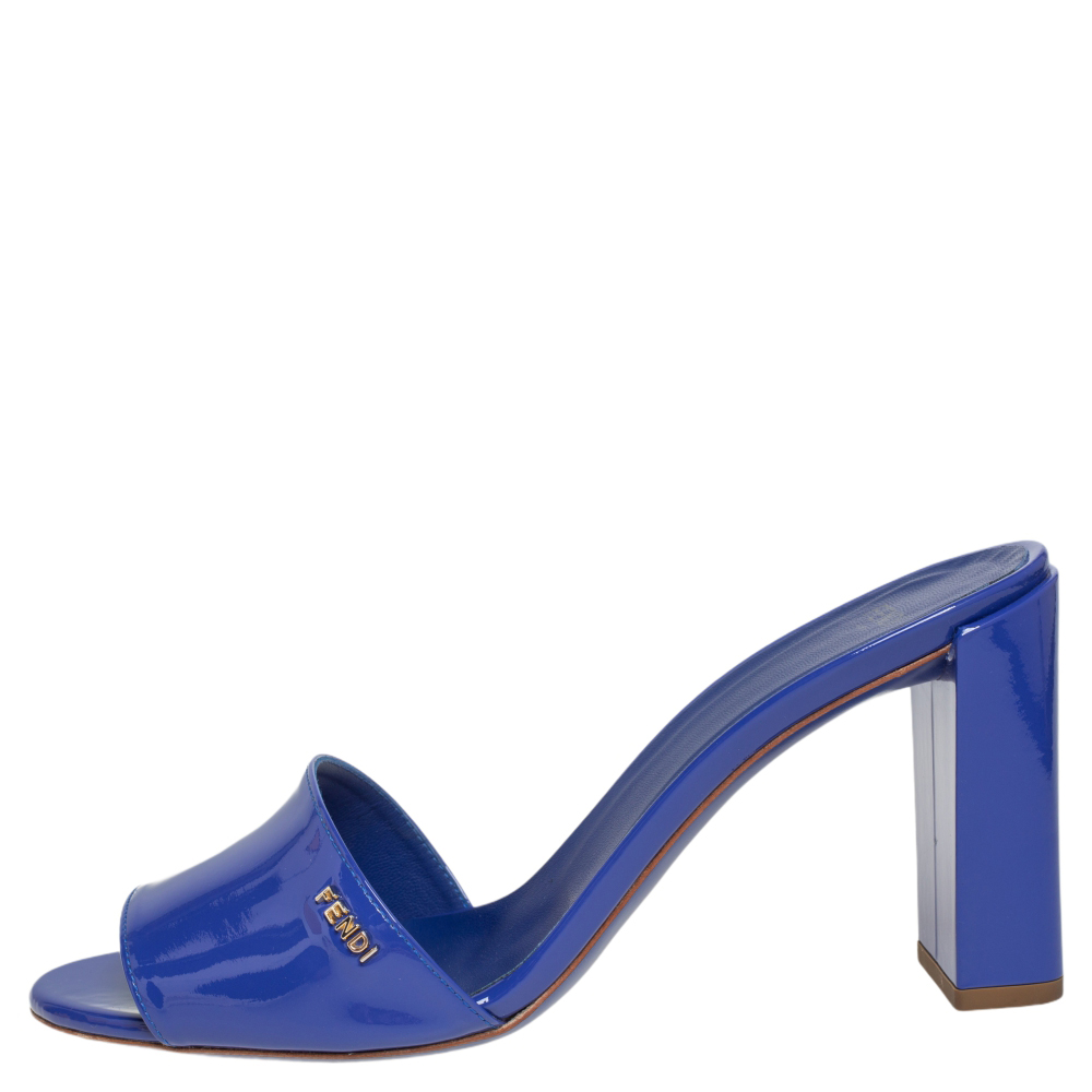 

Fendi Blue Patent Leather Open Toe Block Heel Slide Sandals Size