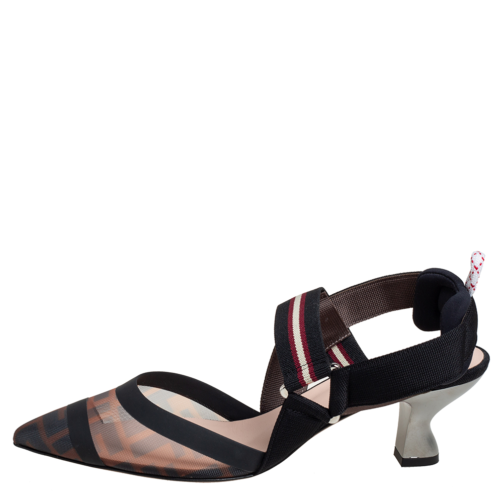 

Fendi Brown Mesh and Canvas Colibri Slingback Sandals Size, Black