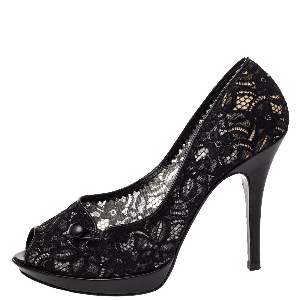

Fendi Black Lace And Leather Button Detail Peep Toe Pumps Size
