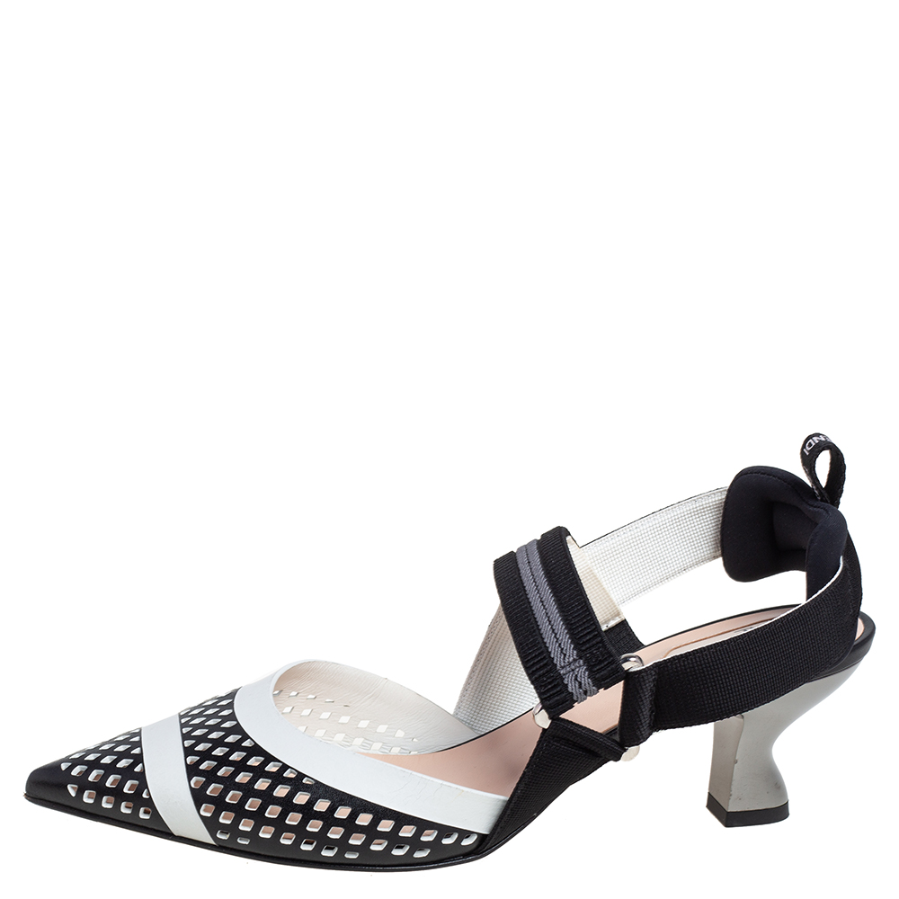 

Fendi Black/White Perforated Leather and Canvas Colibri Slingback Pumps Size