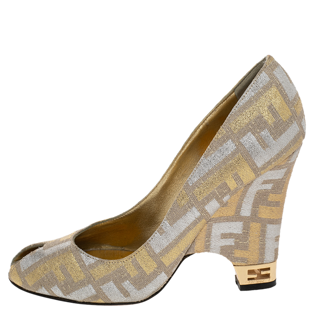 

Fendi Gold/Silver FF Brocade Fabric Peep Toe Wedge Pumps Size