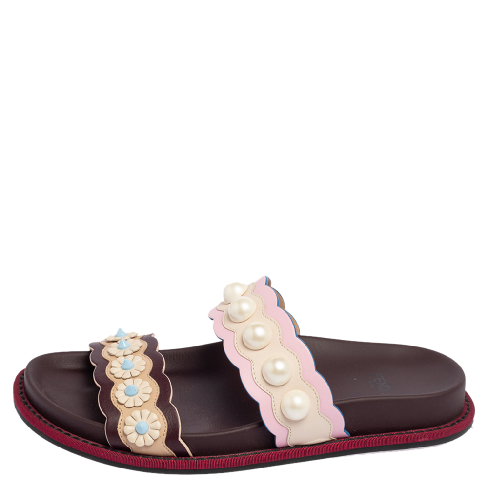 

Fendi Multicolor Leather Faux Pearl Embellished Flat Slides Size