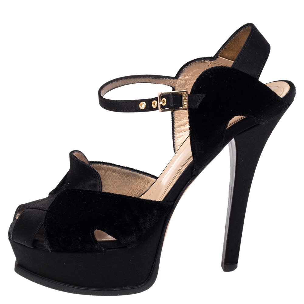 

Fendi Black Velvet And Satin Platform Ankle Strap Sandals Size