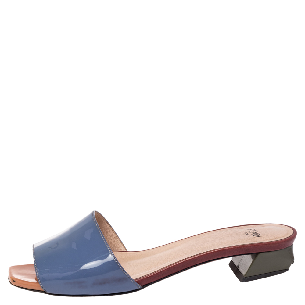 

Fendi Multicolor Patent Leather Open Toe Slide Sandals Size