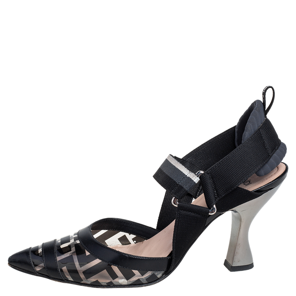 

Fendi Black/Grey Leather, PVC And Fabric Colibri Slingback Pumps Size