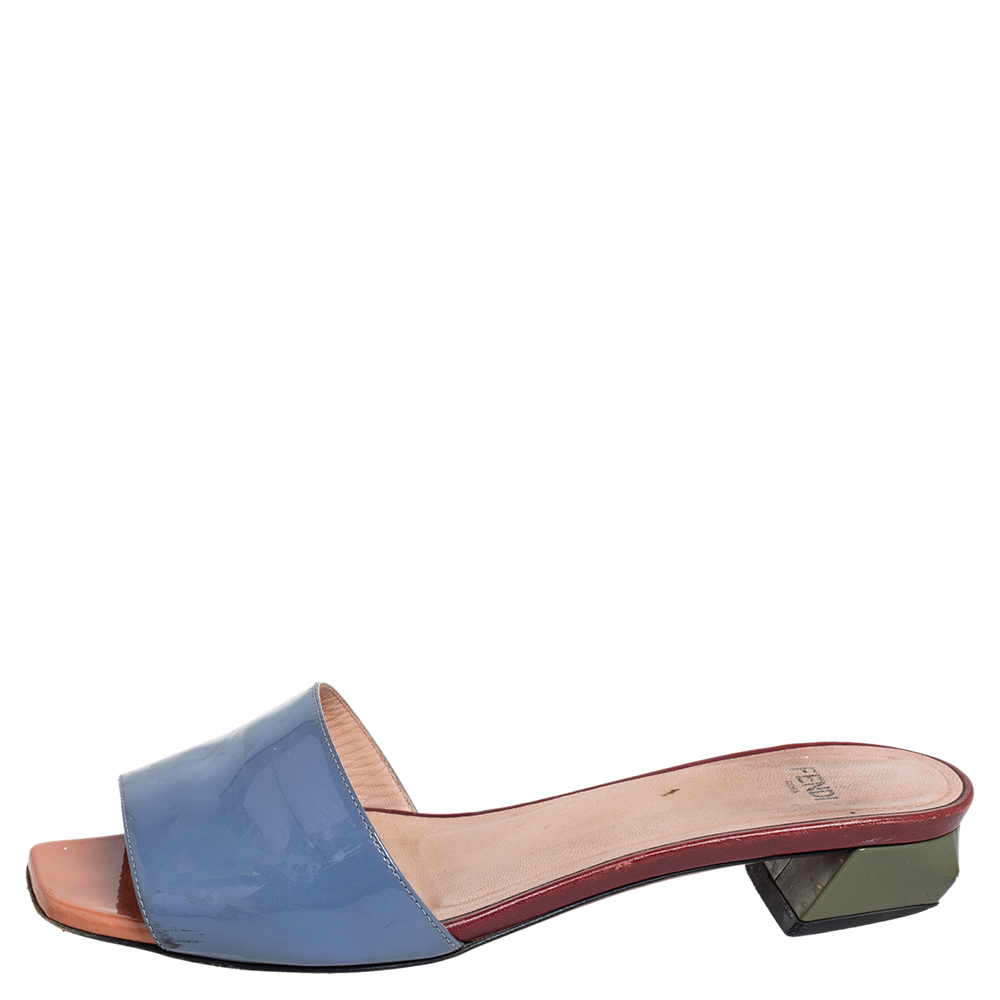 

Fendi Multicolor Patent Leather Block Heel Slides Size