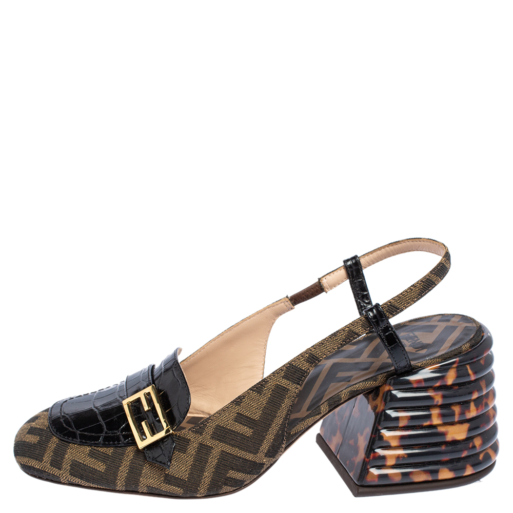 

Fendi Tobacco/Black Croc Embossed Leather and Canvas Promenade FF Motif Slingback Sandals Size, Brown