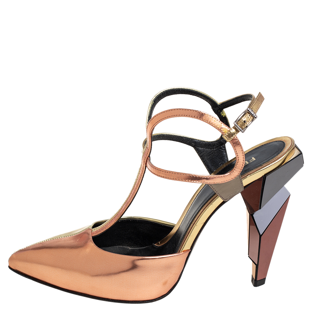 

Fendi Two Tone Metallic Leather T Strap Sandals Size