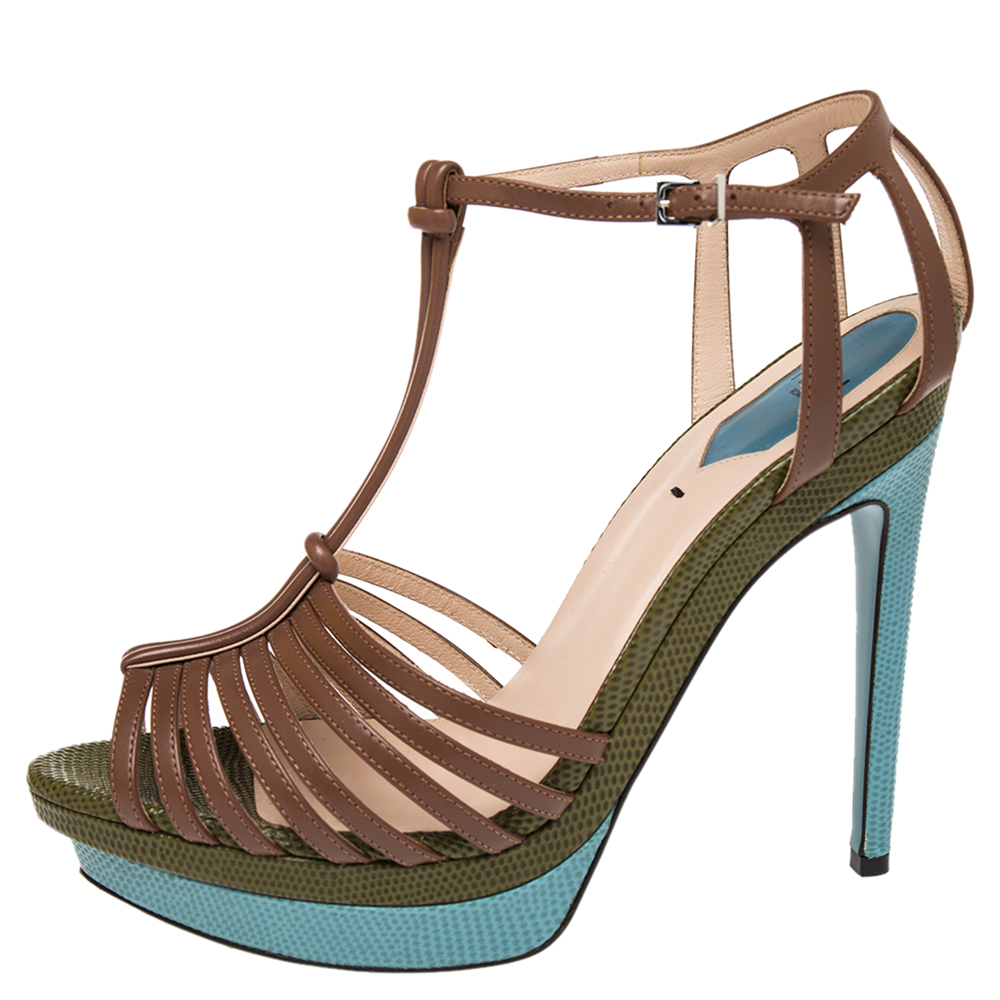 

Fendi Multicolor Leather And Lizard Embossed Leather Strappy Platform Ankle Strap Sandals Size