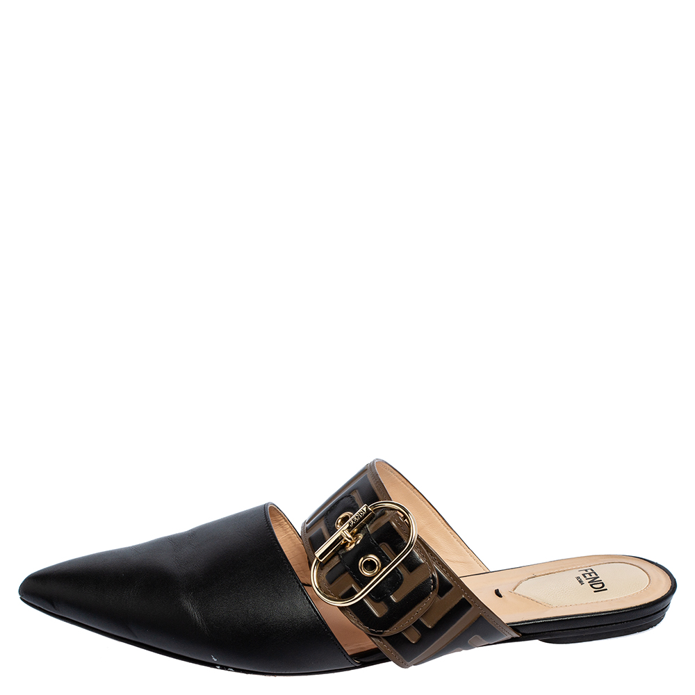 

Fendi Black/Tobacco Zucca Leather Signature Flat Mule Sandals Size