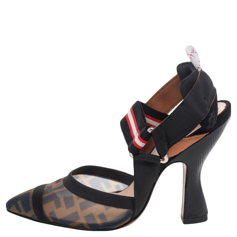 

Fendi Brown/Black Zucca Mesh And Leather Colibri Slingback Sandals Size