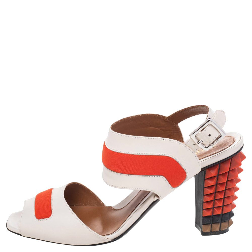 

Fendi White/Orange Leather And Fabric Studded Heel Ankle Strap Sandals Size
