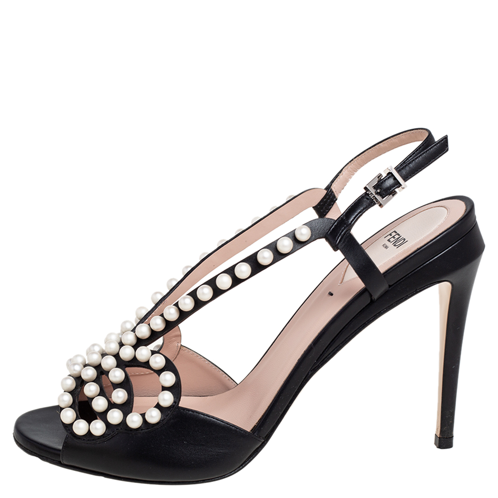 

Fendi Black Leather Faux Pearl Embellished Slingback Sandals Size