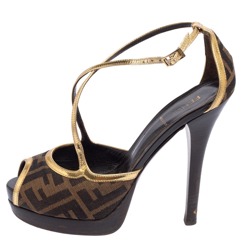 

Fendi Zucca Canvas And Gold Leather Trim Cross Strap Platform Sandals Size, Brown