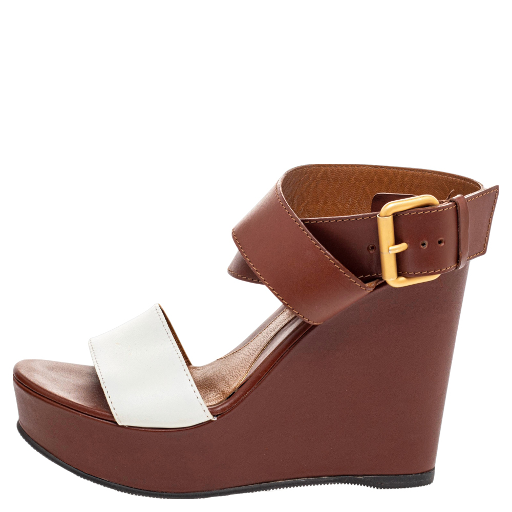 

Fendi Brown/White Leather Platform Ankle Strap Wedge Sandals Size