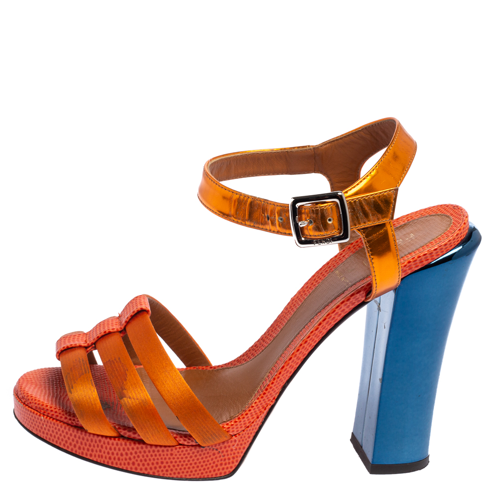 

Fendi Orange Satin, Leather, And Lizard Embossed Leather Ankle Strap Sandals Size