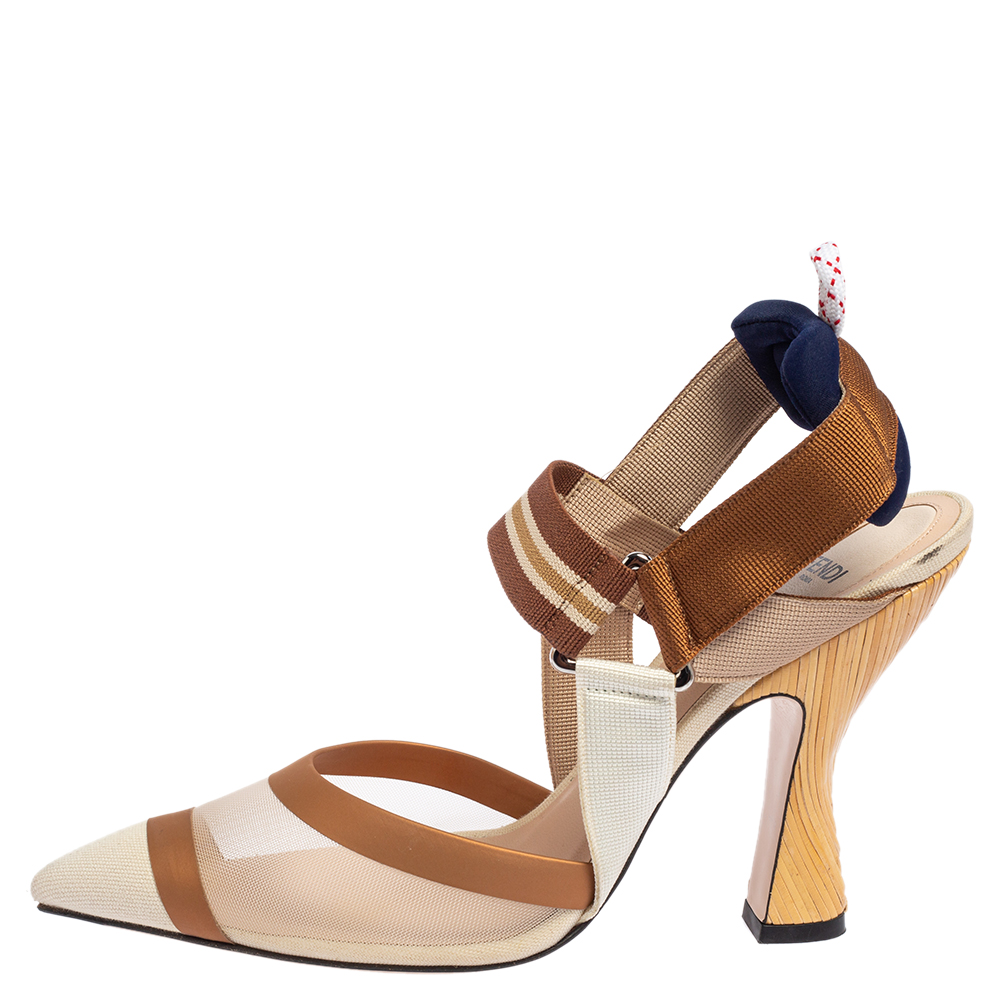 

Fendi Beige/Brown Zucca Mesh And Leather Colibri Slingback Sandals Size