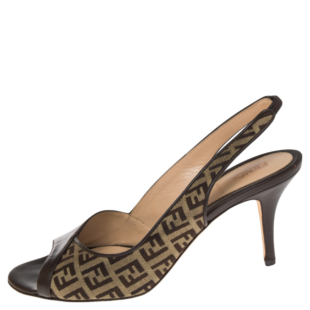 

Fendi Brown Zucca Canvas And Leather Slingback Sandals Size