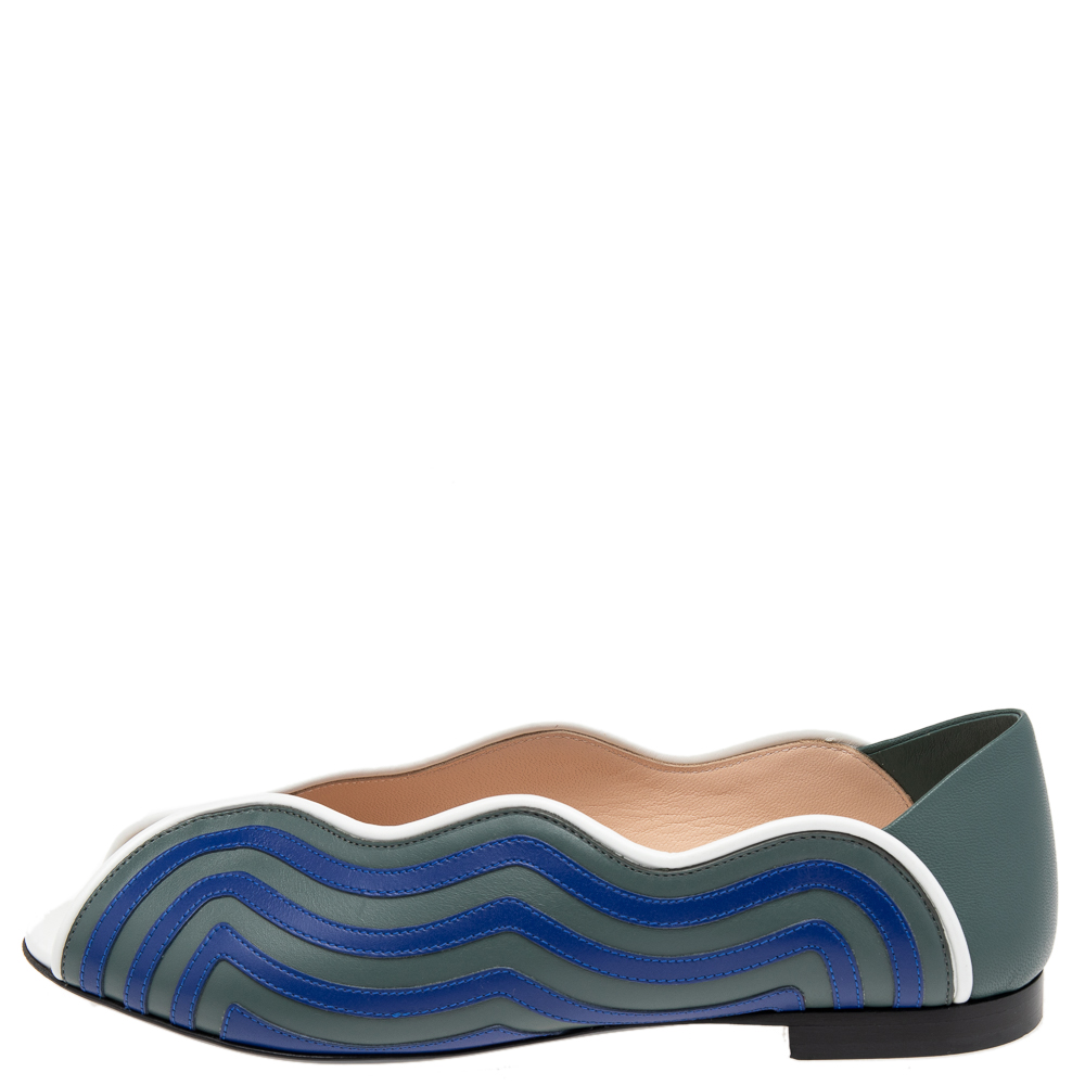 

Fendi Blue/Grey Leather Peep Toe Scallop Flats Size