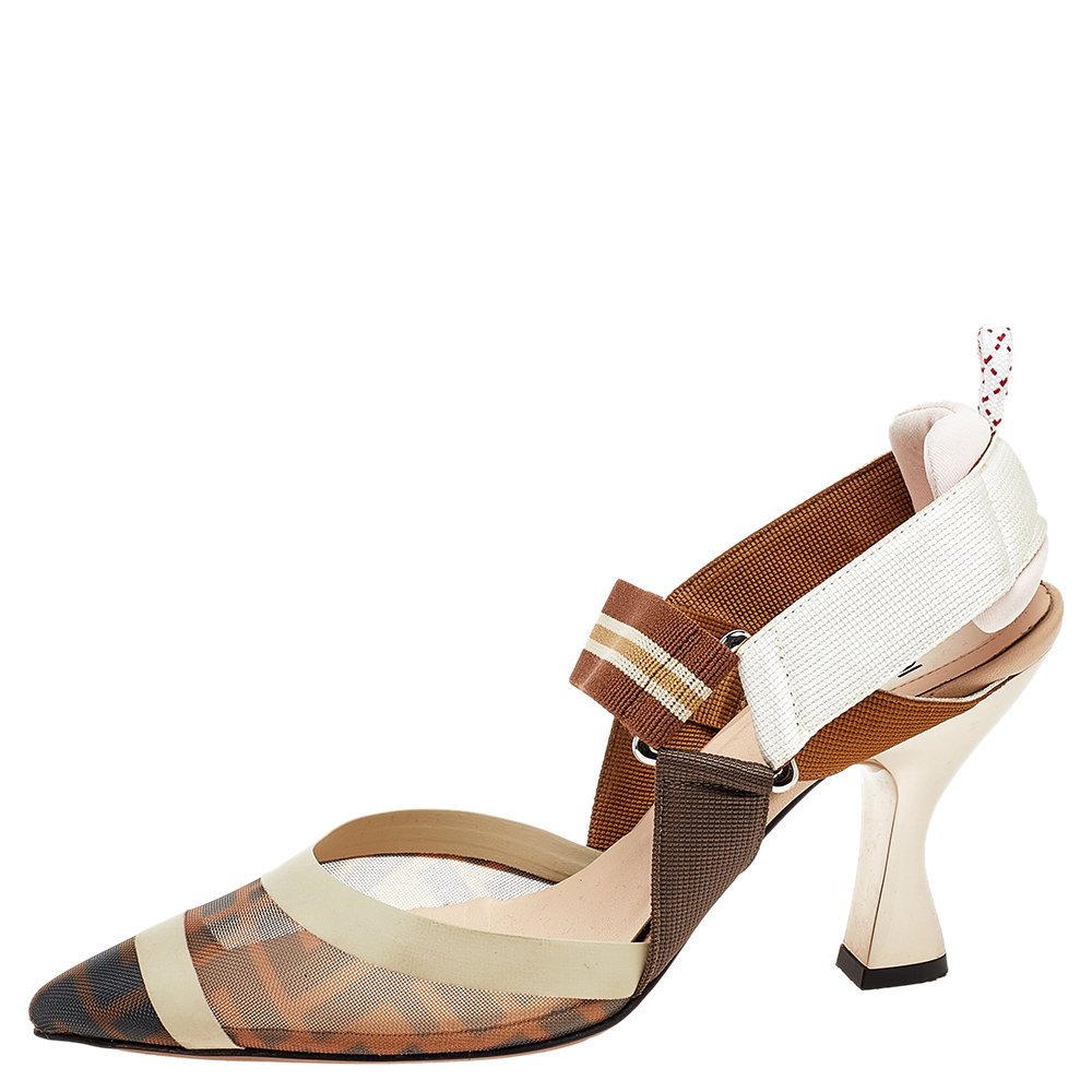 

Fendi Brown And Beige FF Print Mesh And Leather Colibri Slingback Sandals Size