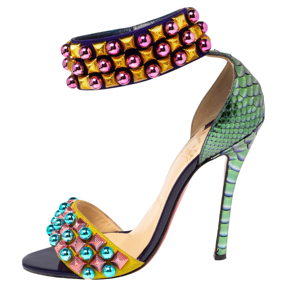 

Christian Louboutin Multicolor Suede and Python Tudor Bal Ankle Cuff Sandals Size