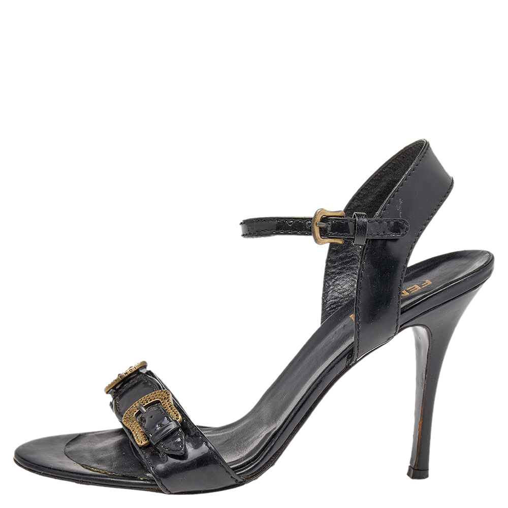 

Fendi Black Patent Leather Buckle Ankle Strap Sandals Size