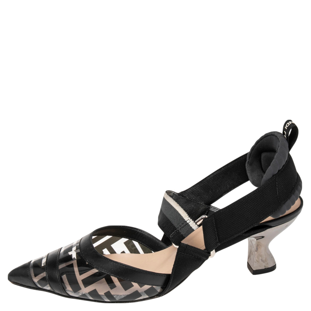 

Fendi Black Zucca PVC And Leather Colibri Slingback Sandals Size