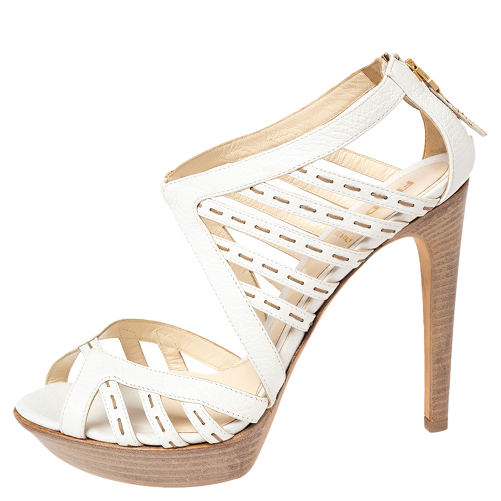 

Fendi White Leather Strappy Peep Toe Sandals Size
