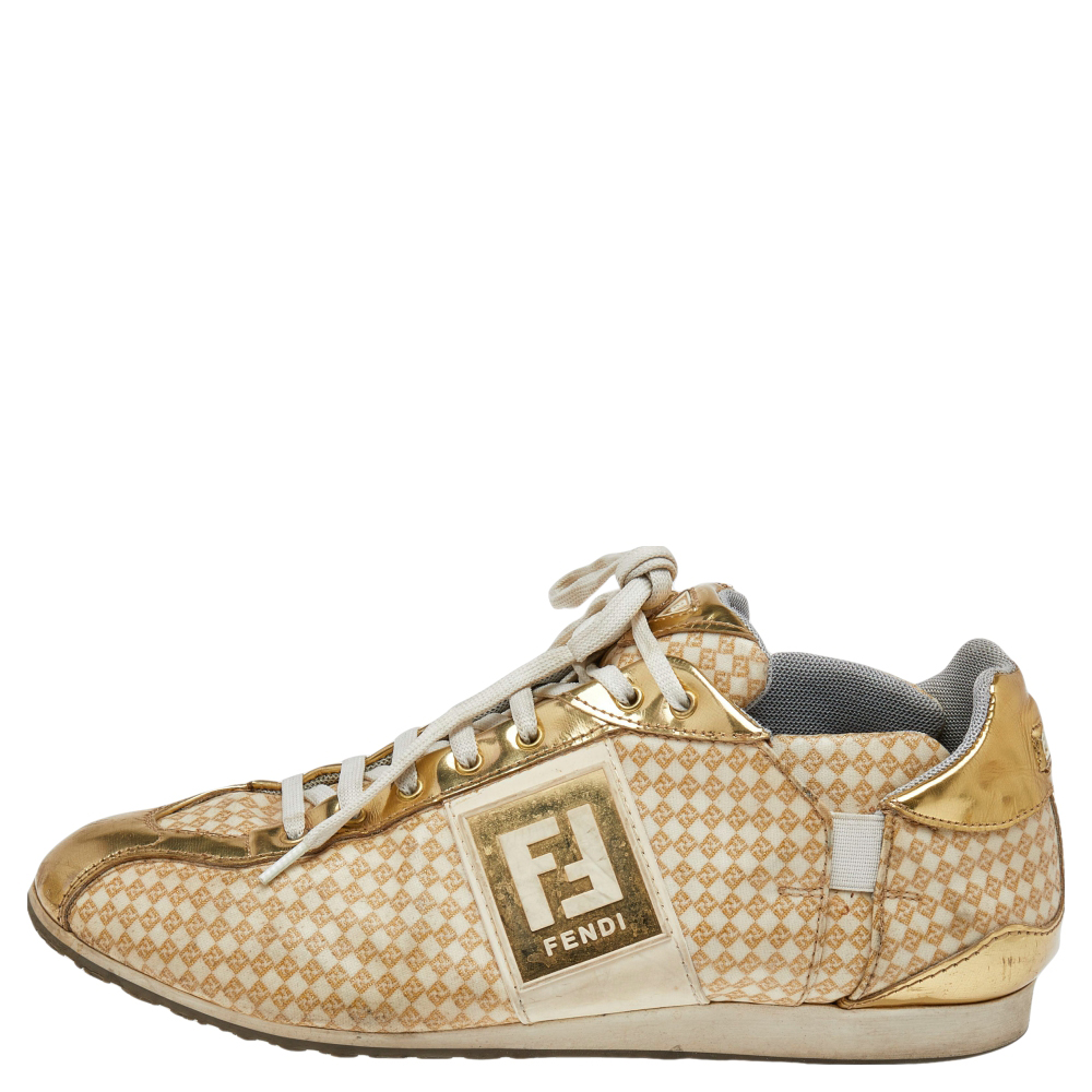 

Fendi Beige/Gold Patent And Leather FF Logo Sneakers Size