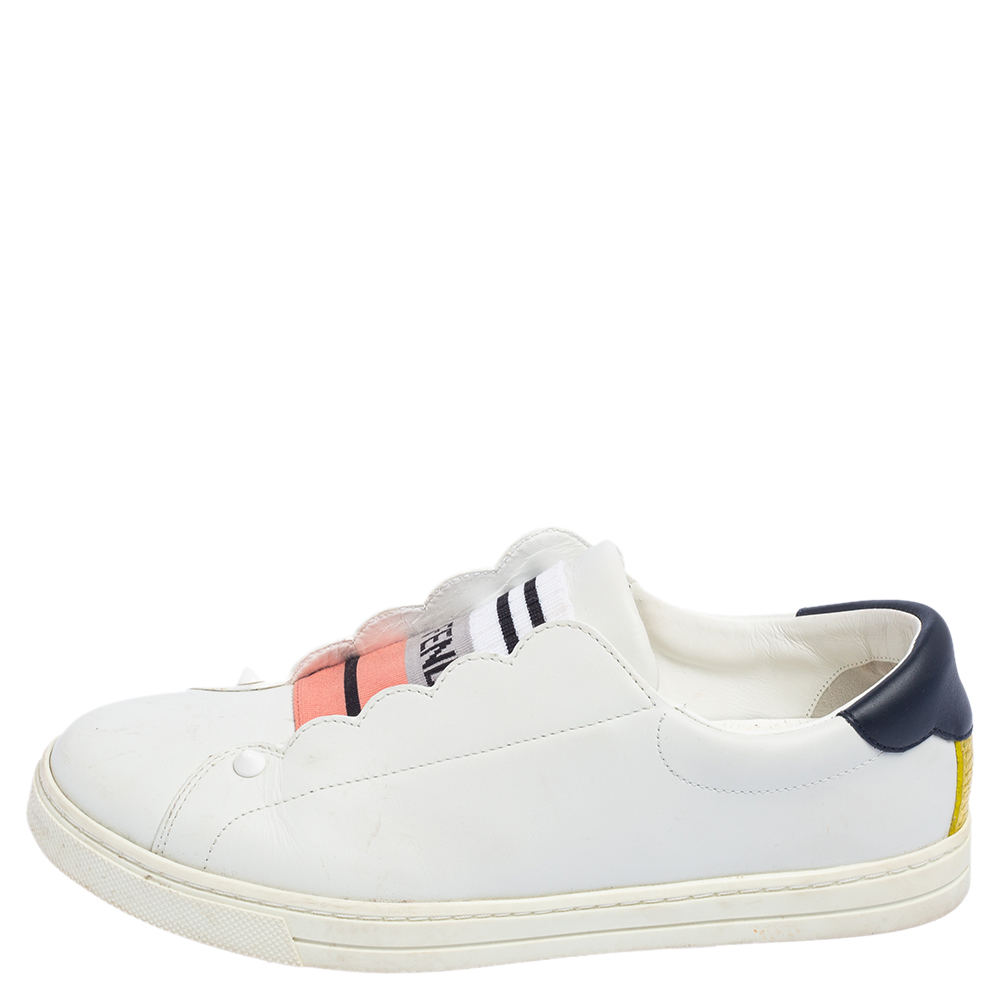 

Fendi White Leather with Logo Knit Rockoko Scallop Detail Slip On Sneakers Size