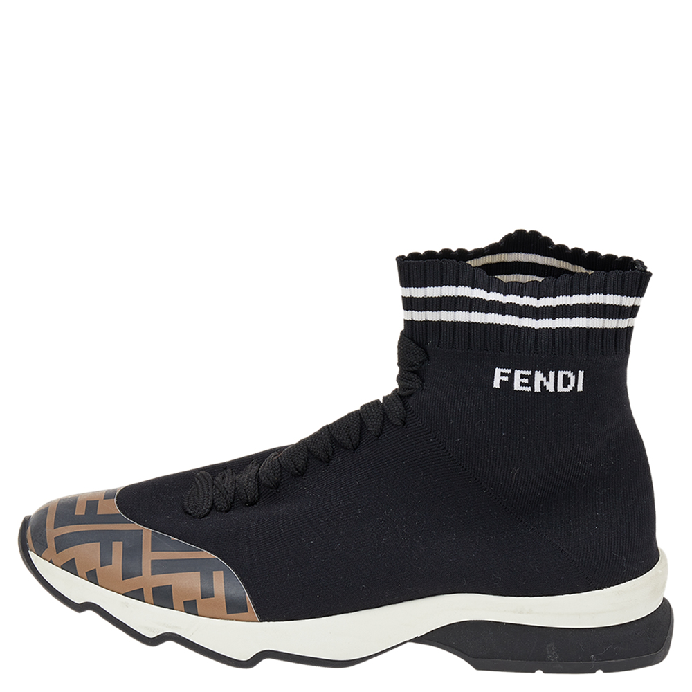 

Fendi Black/Zucca Knit Fabric And Synthetic Leather Sock High Top Sneakers Size