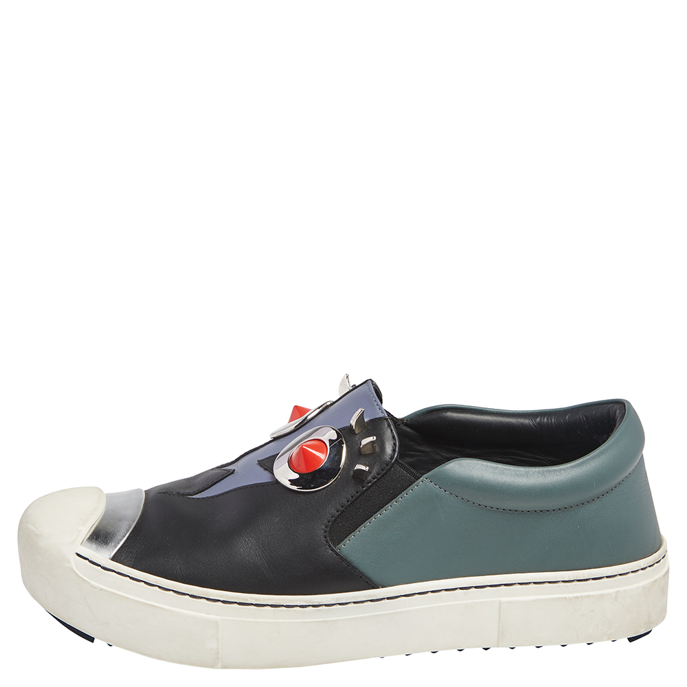 

Fendi Black Leather Monster Slip On Sneakers Size, Silver