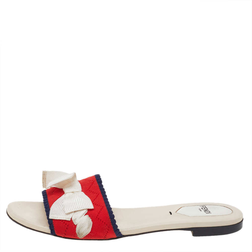 

Fendi Multicolor Stretch Knit Bow Embellished Flat Slides Size