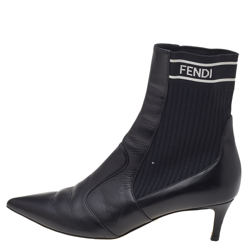 

Fendi Black Leather And Stretch Knit Fabric Rockoko Ankle Boots Size