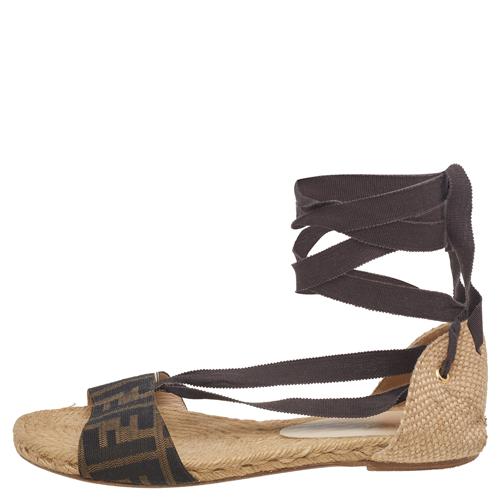 

Fendi Brown FF Zucca Canvas And Jute Tie Up Flat Sandals Size