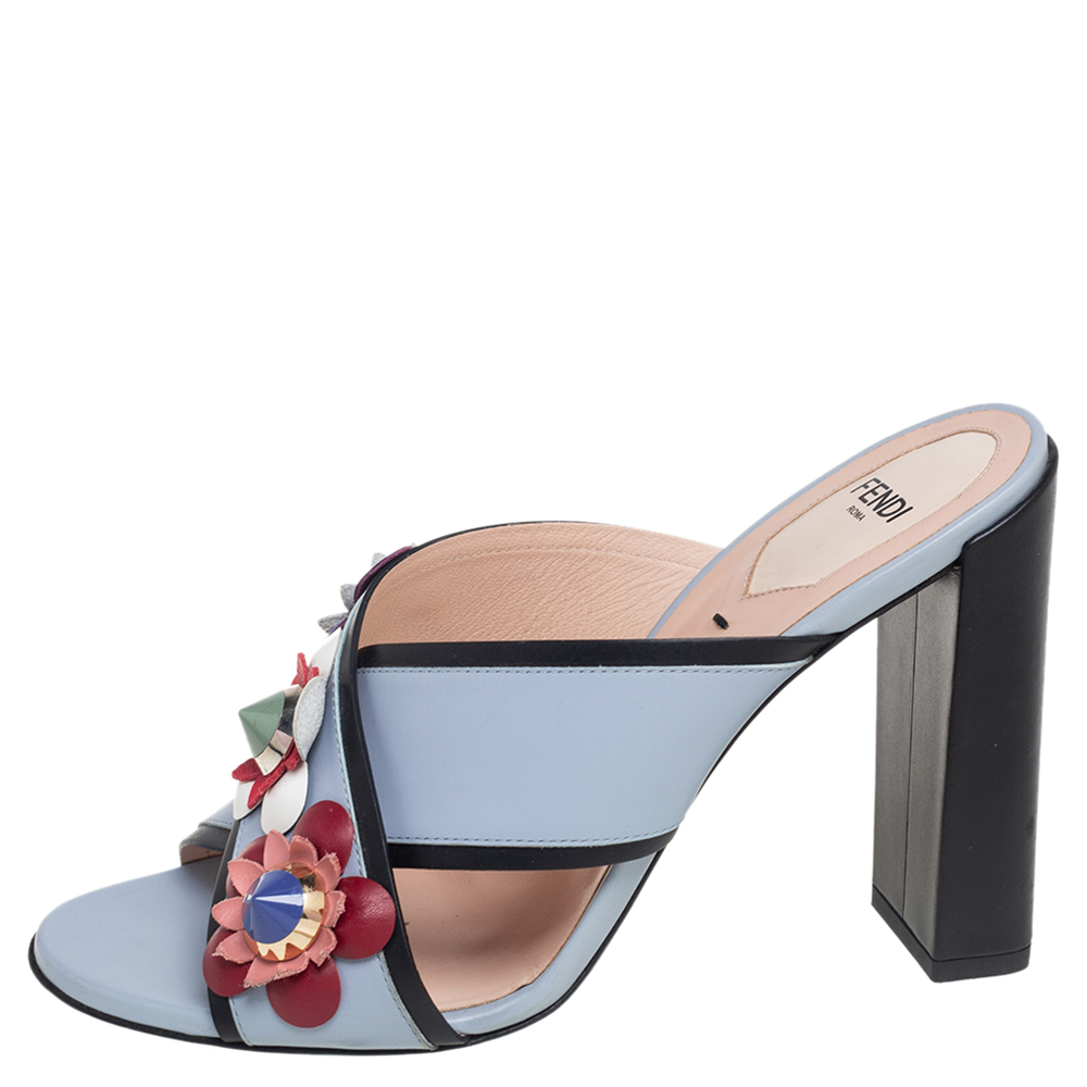 

Fendi Light Blue Leather Flowerland Block Heel Slide Sandals Size