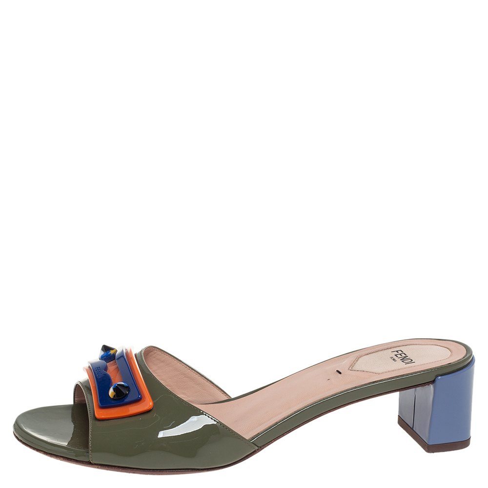 

Fendi Multicolor Patent Leather Embellished Slide Sandals Size