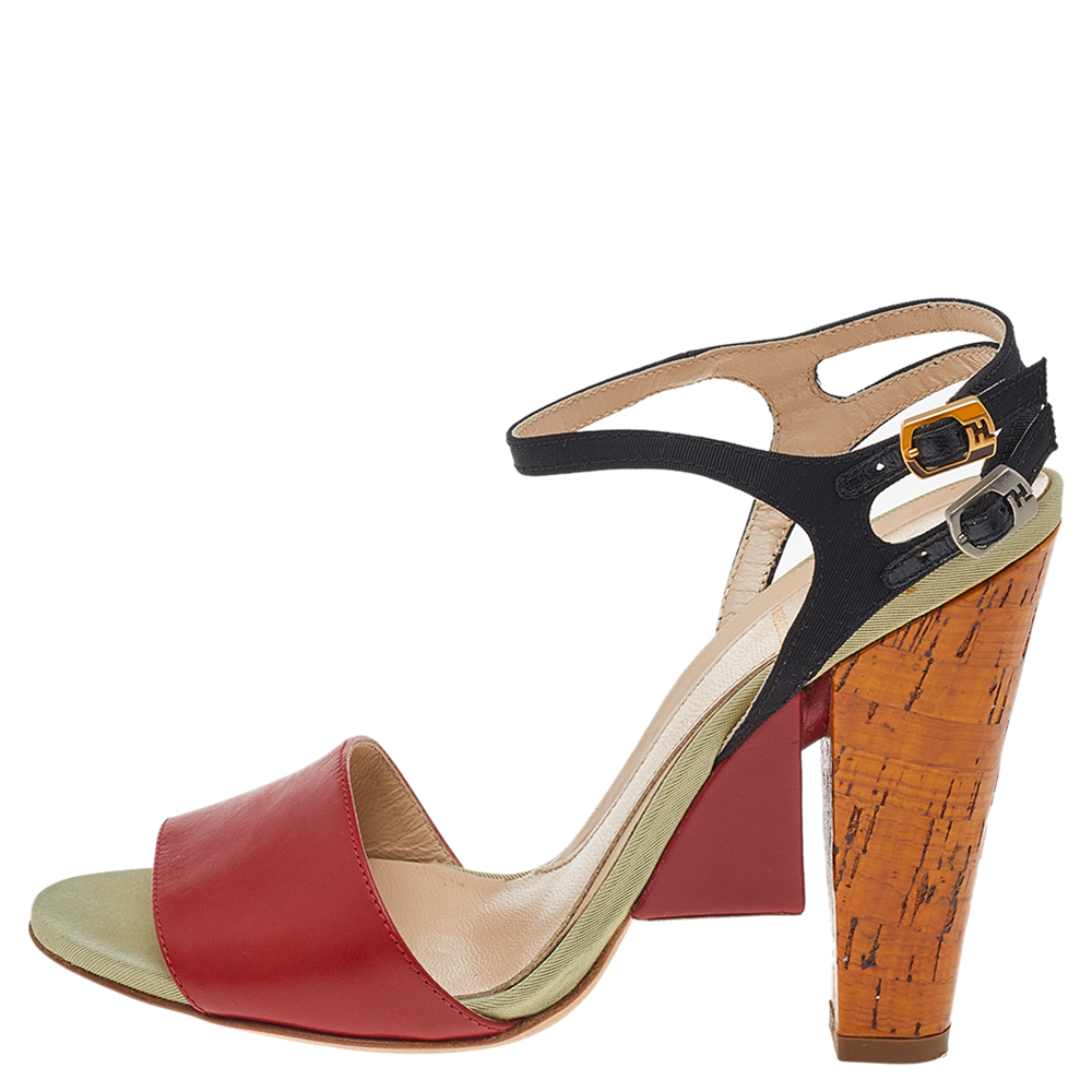 

Fendi Red/Black Leather And Fabric Open Toe Ankle Strap Sandals Size