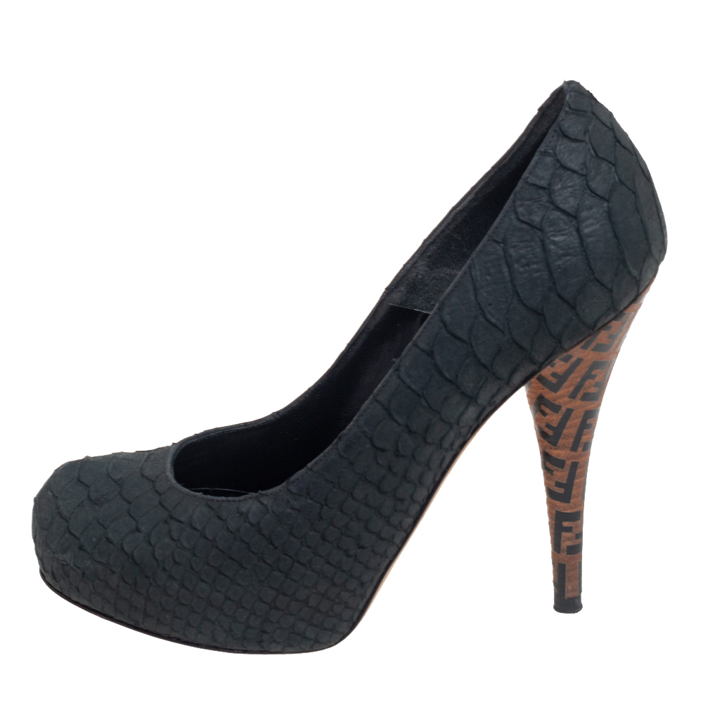 

Fendi Black Python Embossed Leather Zucca Print Heel Pumps Size