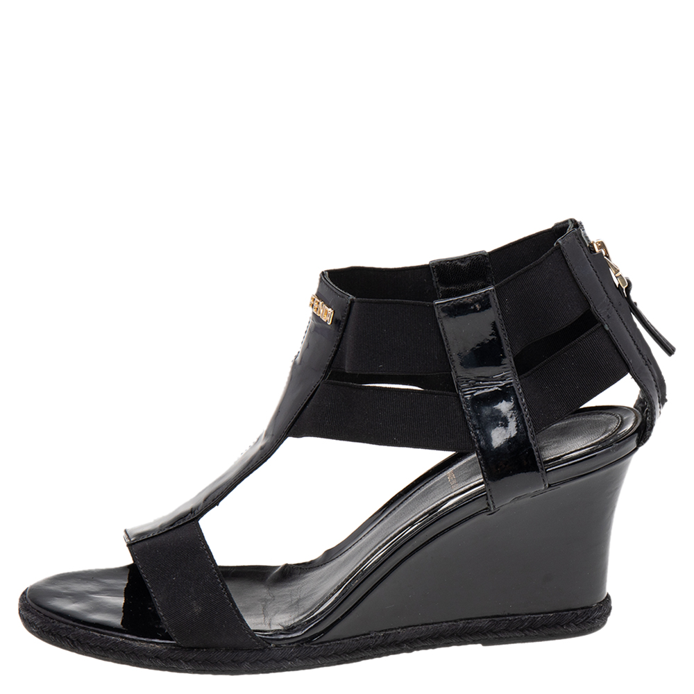 

Fendi Black Patent Leather And Elastic T-Strap Espadrille Wedge Sandals Size