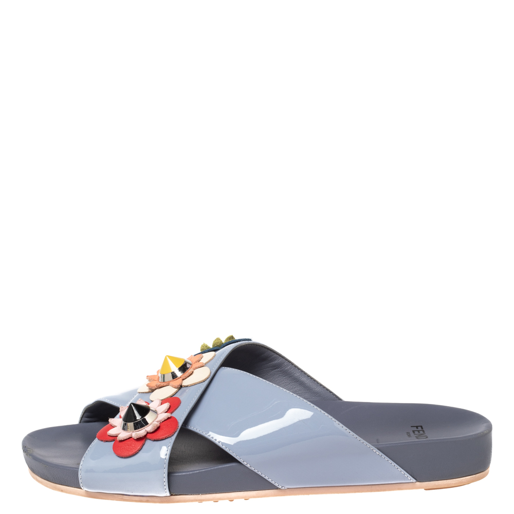 

Fendi Manor Blue Patent Leather Flowerland Slide Flats Size