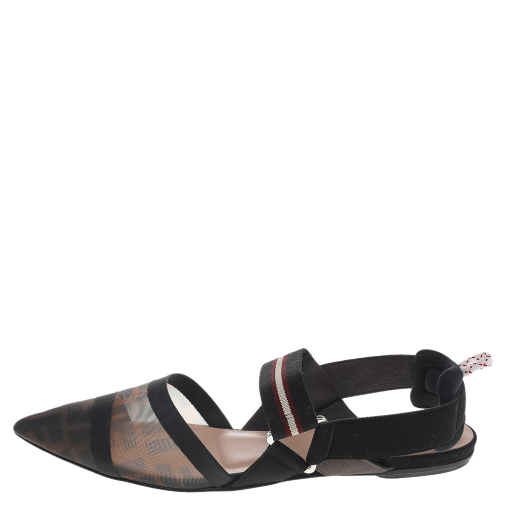 

Fendi Brown/Black FF Mesh And Leather Colibri Slingback Flat Sandals Size