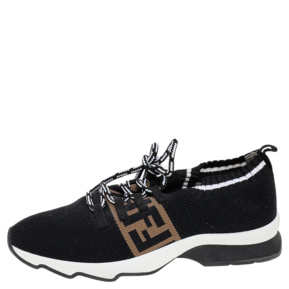 

Fendi Black Low Knit Fabric FF Stripe Low Top Sneakers Size