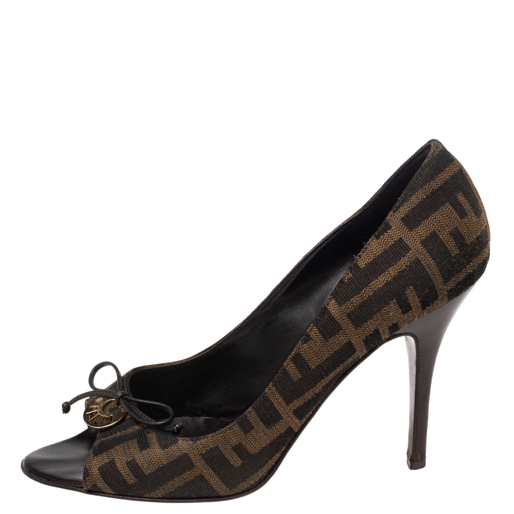 

Fendi Brown Zucca Canvas Bow Peep Toe Pumps Size