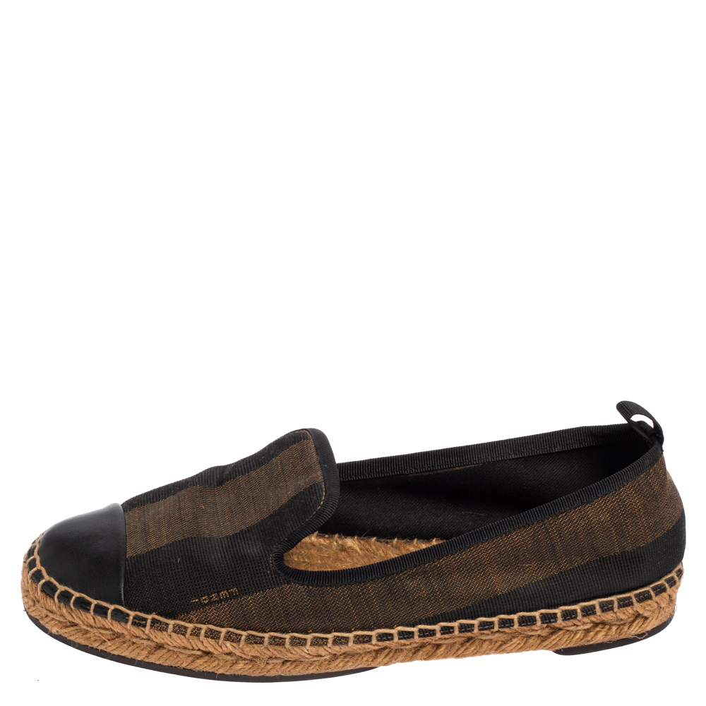 

Fendi Black-Brown Canvas And Leather Cap Toe Espadrille Flats