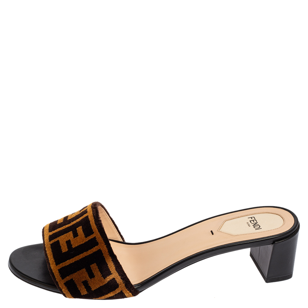 

Fendi Brown/Black Zucca Velvet Slide Sandals Size